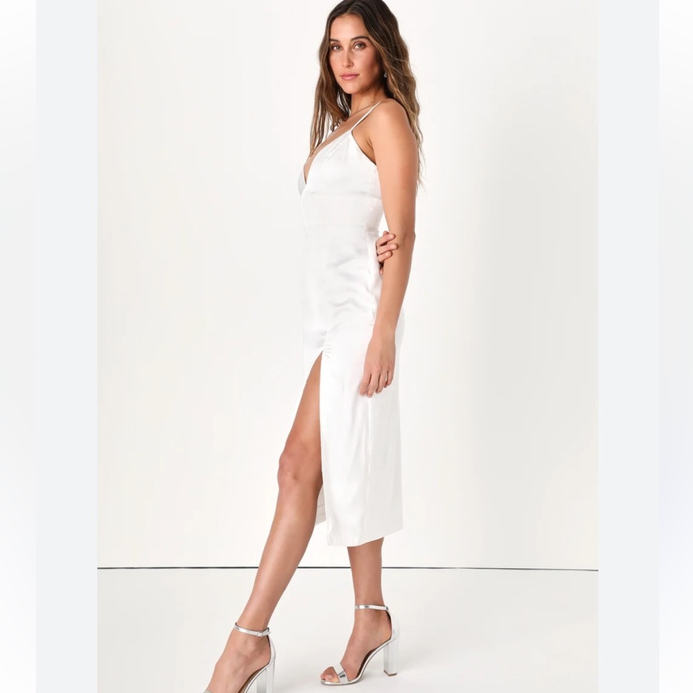 Irresistible Essence White Satin Sleeveless Midi Dress with slit - Lulus L NEW
